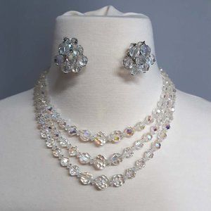 Vintage 1950's Aurora Borealis Bead Necklace & Earring Set